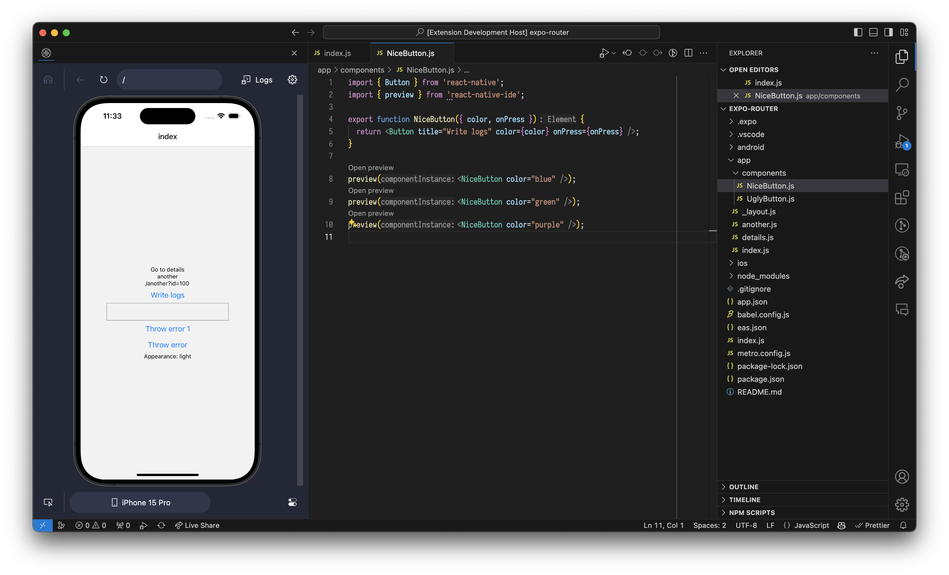 Radon IDE panel positioned in the side panel showing device preview and development tools